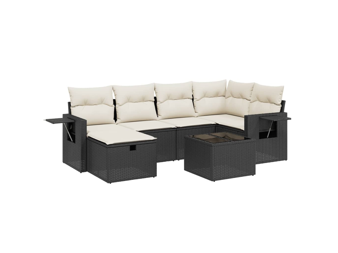 Conjunto 7 de sofás p/ jardim c/ almofadões VIDAXL vime PE preto