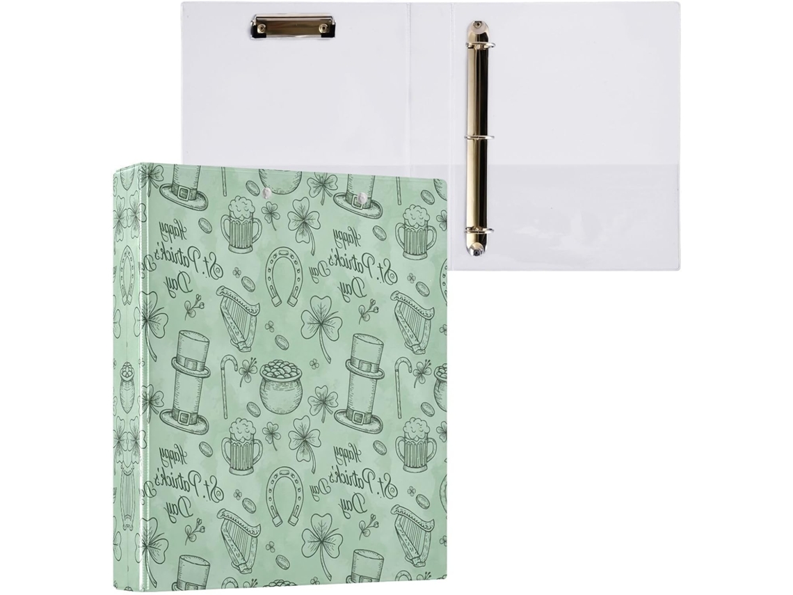 Pasta de 3 Argolas para Papel Tamanho Carta , Trevo São Patrício, Organizador Redondas com Pra (27,9 X 21,6 Cm)