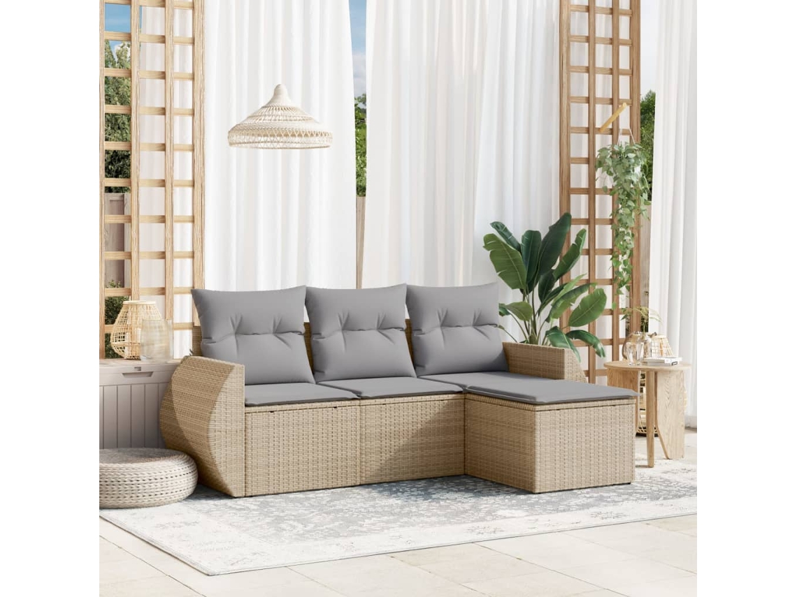 Vidaxl 4 Pcs Conjunto De Sofás Para Jardim C/ Almofadões Vime Pe Bege