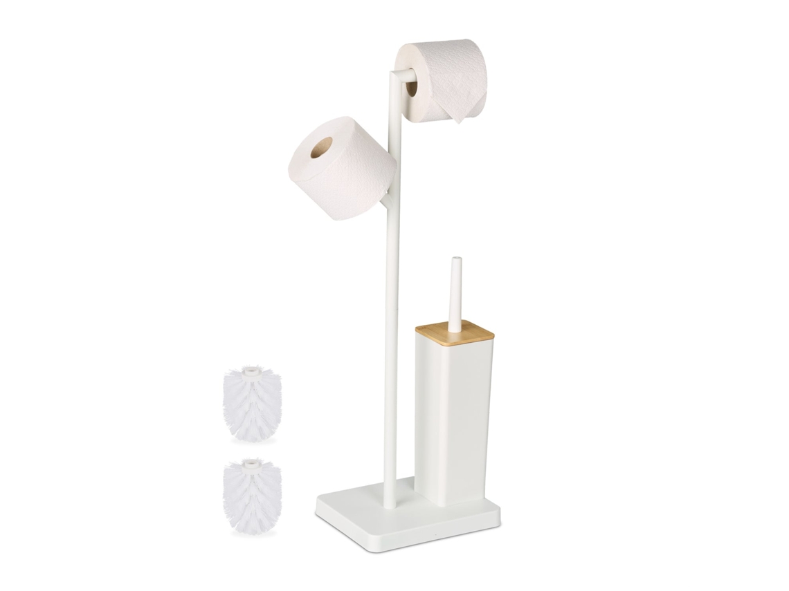 Conjunto De Porta-papel Higiênico E Escova De Bambu E Aço