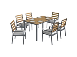 Conjunto de Jardim 7 Peças S/MARCA (mesa e 6 cadeiras de madeira natural, com almofadas, para terraço)
