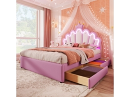 Cama Princesa Rosa 140x200 Cm 2 Gavetas Luz Remota Cabeceira Ajustável Sem Colchão