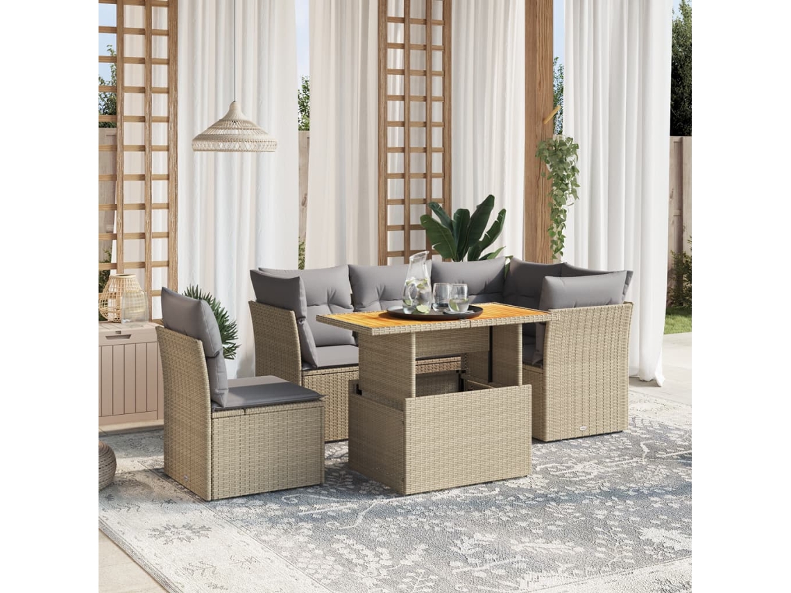 Vidaxl 5 Pcs Conjunto De Sofás P/ Jardim Com Almofadões Vime Pe Bege