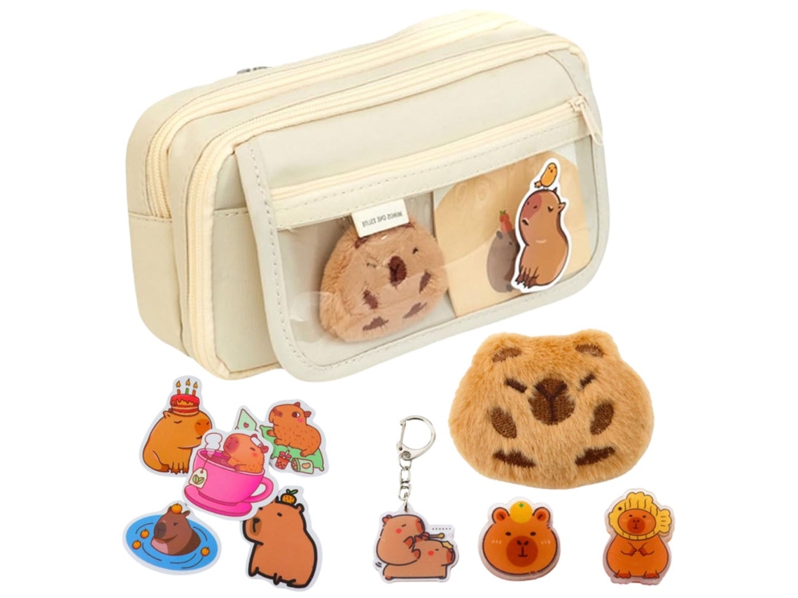 Estojo para Lápis, 2 Compartimentos, Transparente, com Bolsos, Bege, Capivara AQUAFORGE