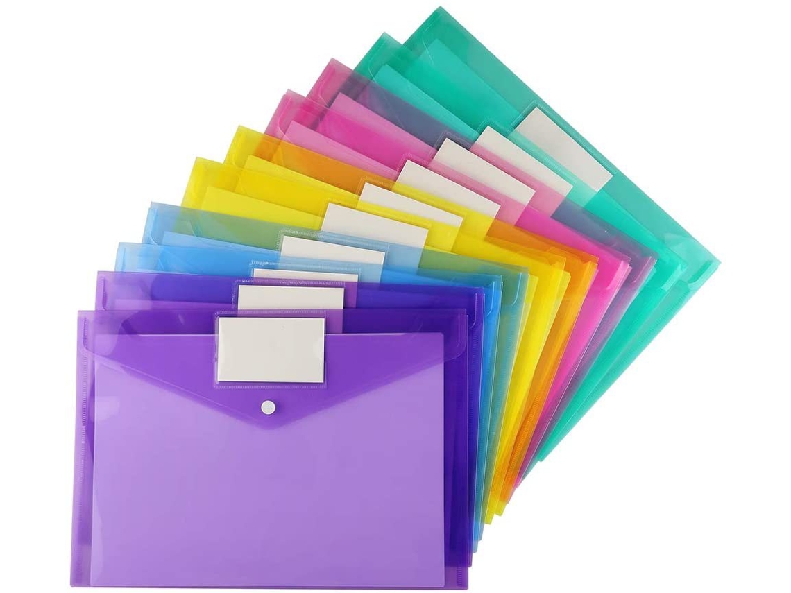 Pacote com 10 Envelopes Plásticos A4 com Fecho de Pressão, Envelopes de Polietileno Coloridos BRILVIBERA