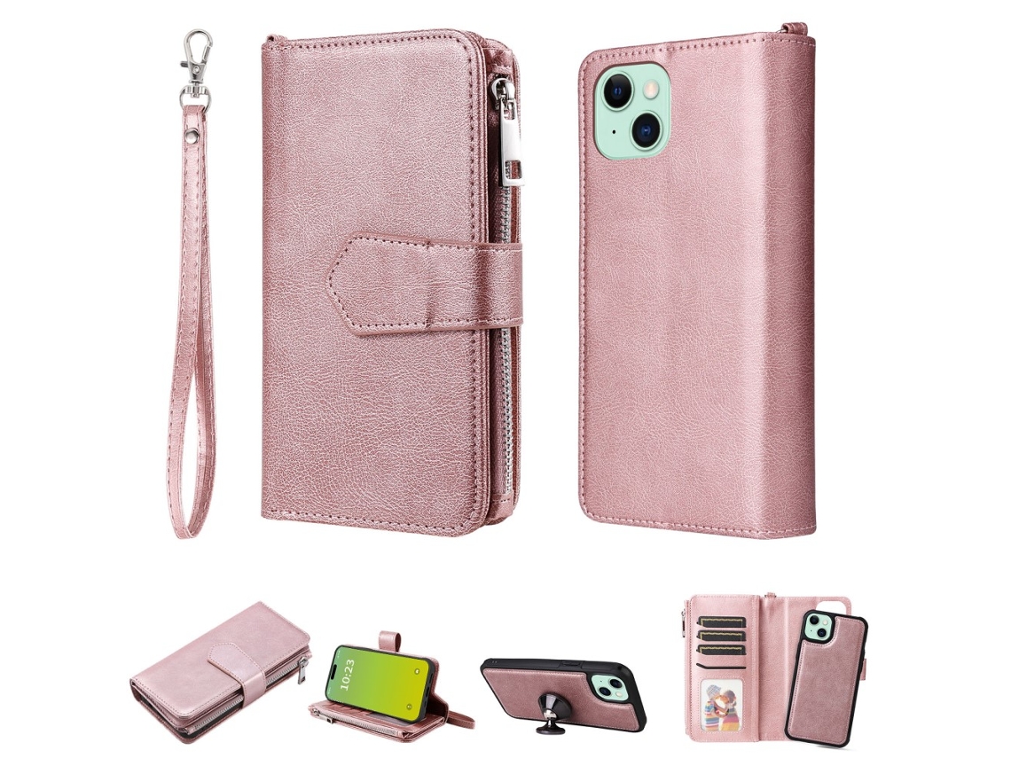 Capa Amovível Para Iphone 15 Plus Pele Sintética Rosa