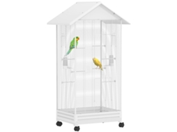 Gaiola para Pássaros com Rodas 79x65x155 Cm Gaiola Grande com 2 Comedouros 8 Poleiros e Bandeja Removível Branca Ge