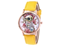 Relógio de casal Zhoulianfa com estampa de caveira, pulseira de couro, quartzo F-436 amarelo