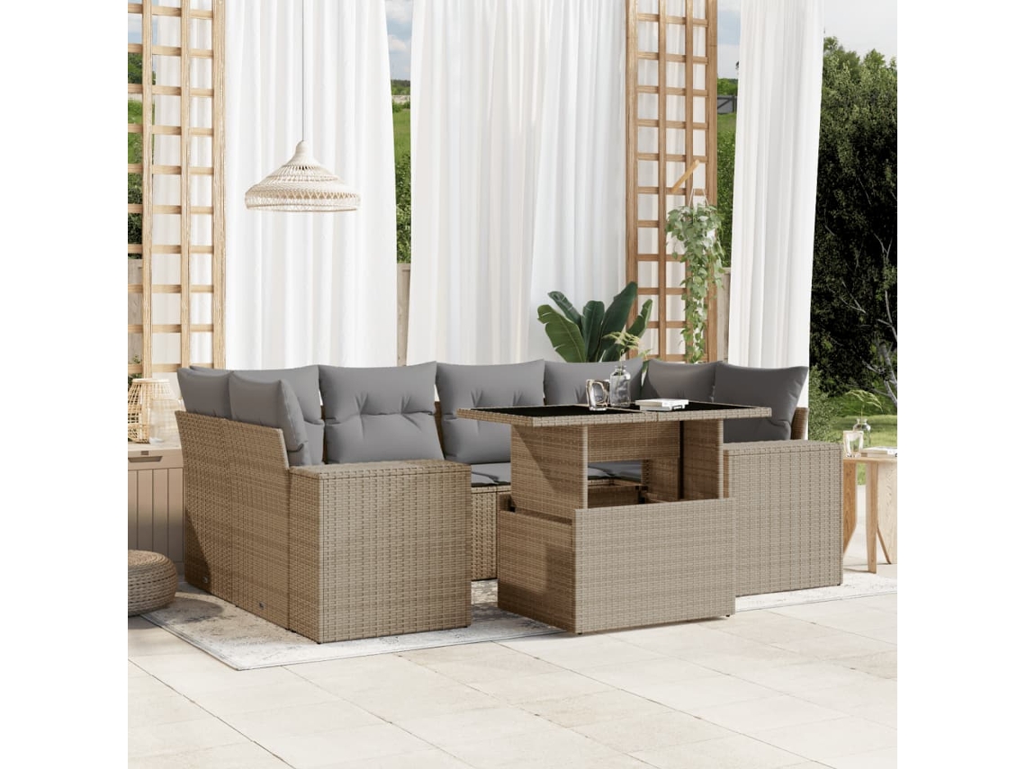 Vidaxl 7 Pcs Conjunto De Sofás P/ Jardim Com Almofadões Vime Pe Bege
