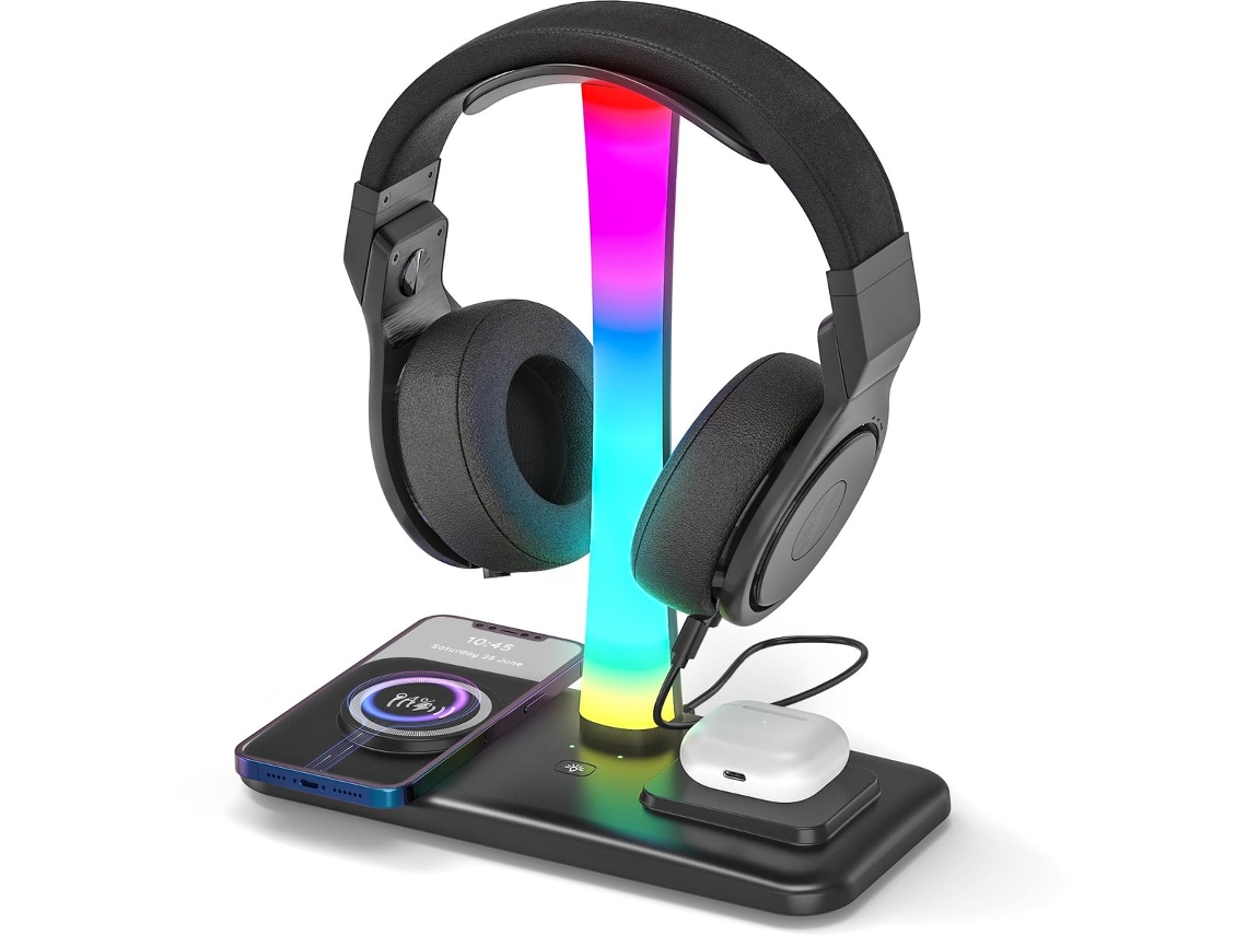 Suporte Gaming ZYBLSSBB 3em1, preto, carregador sem fio 15W, luzes RGB