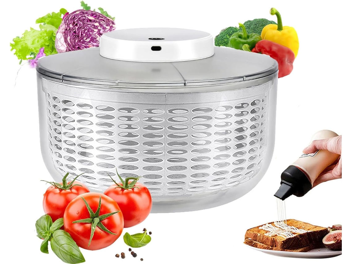 Secador de salada elétrico 6L, semi-fio, automático, para vegetais, com tampa e base antiderrapante.