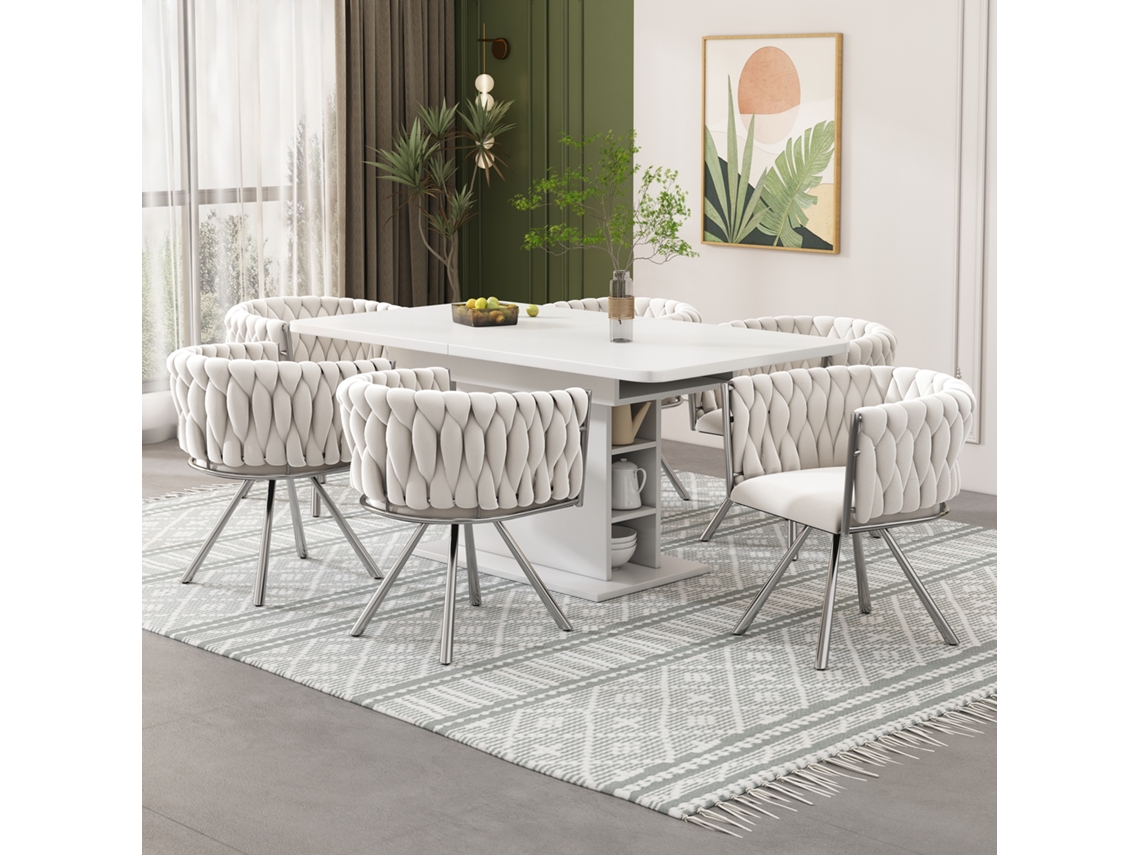 Conjunto De 6 Cadeiras De Veludo Para Jantar, Luxo Claro Giratória Para Sala, Quarto Ou Lazer, Apoio Metálico Prateado.