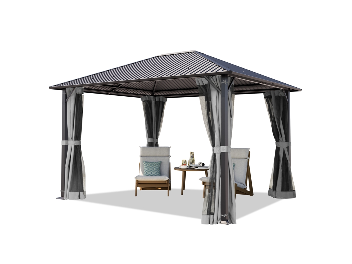 Gazebo De Jardim 3x3,65 M Com Teto De Aço Pavilhão Hardtop Com 4 Cortinas E Redes Mosquiteiras Em Cinza Toolport
