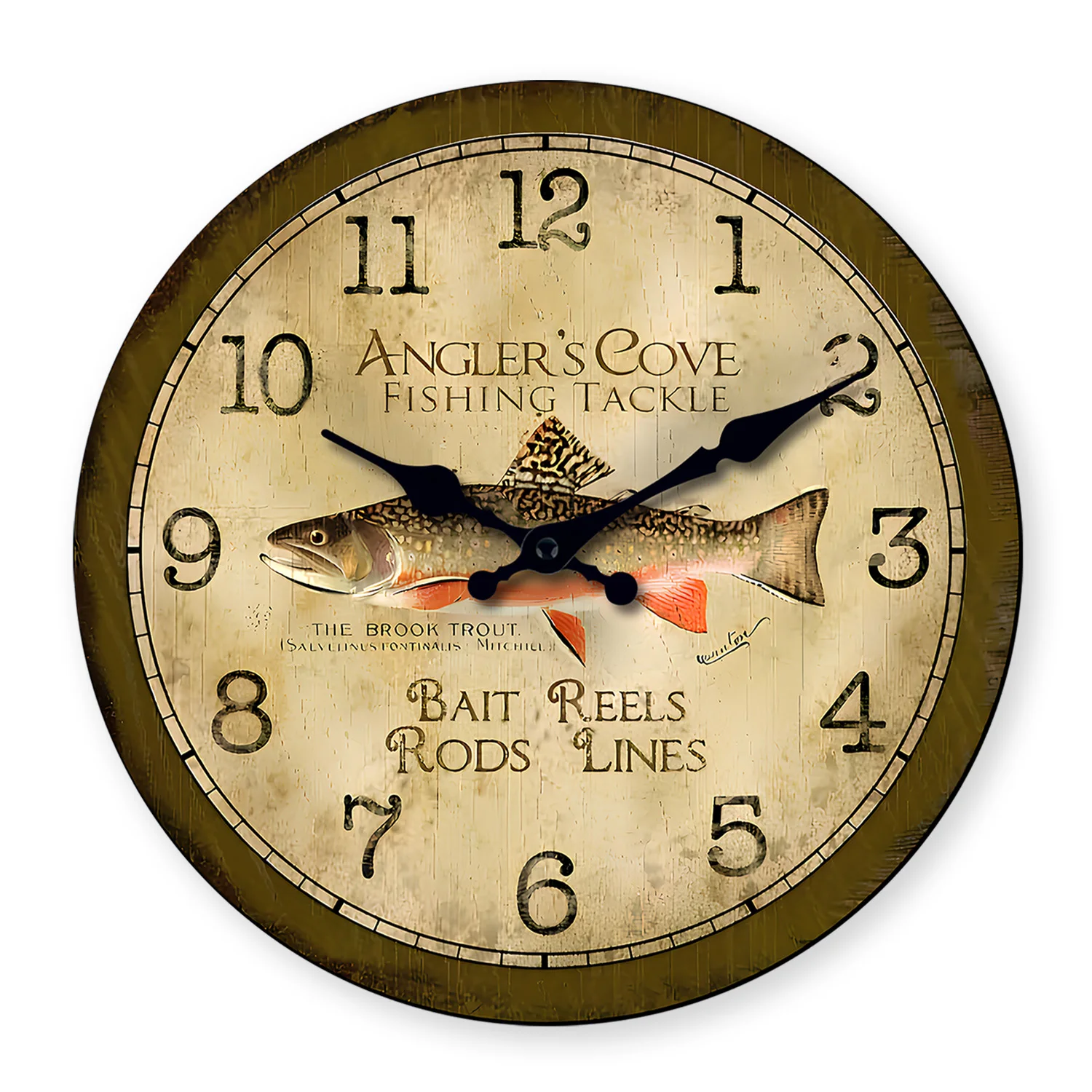 Relógio de parede vintage de madeira (25 cm) com estampa de equipamento de pesca de truta, silencioso e com mecanismo de quartzo.