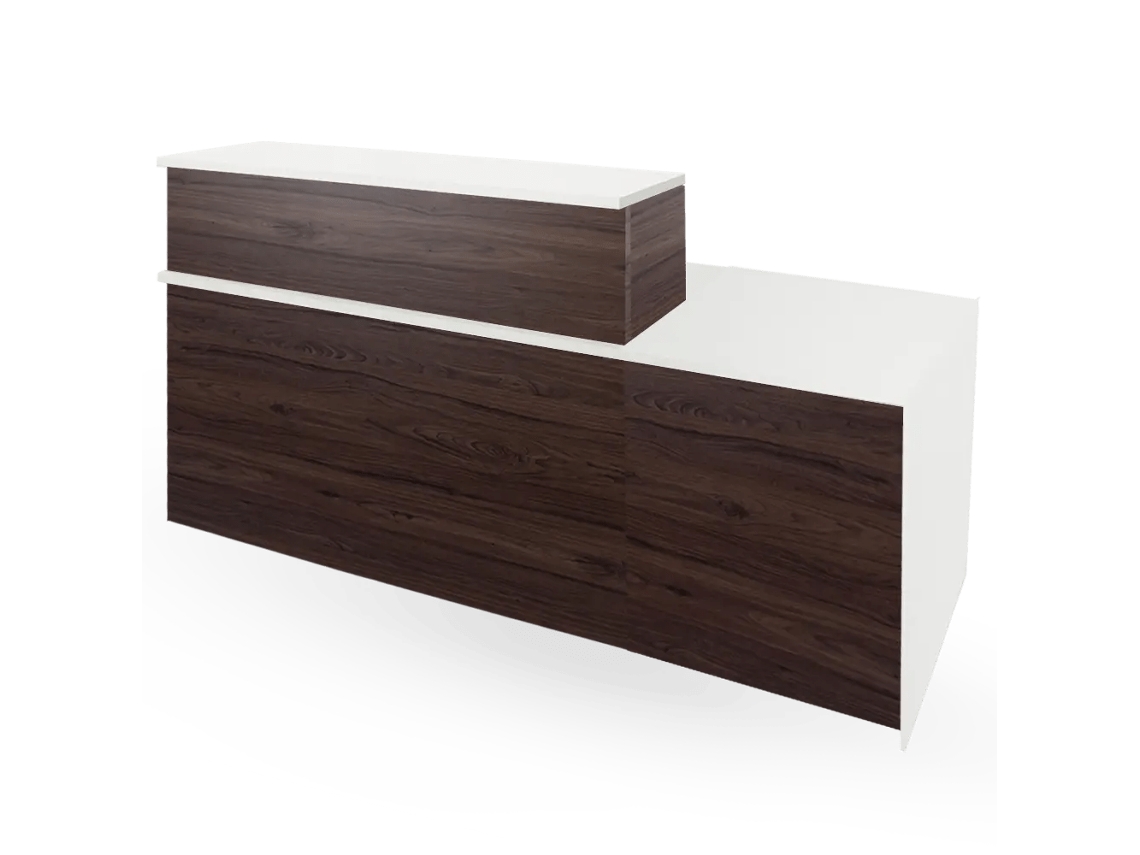 Balcão De Recepção Apolo Adaptado Para Pessoas Com Mobilidade Reduzida. Esquerda. 105,5 X 260 X 72,5 Cm. Nogueira. Ofilike
