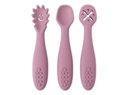 Conjunto de Talheres de Silicone para Bebê com 3 Peças, Incluindo Colher e Garfo Macios. MDUG (rosa)