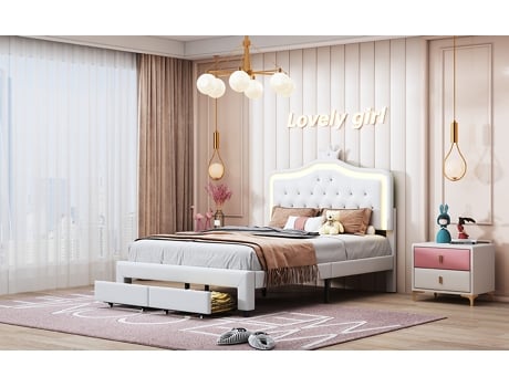Cama Infantil 140x200 Cm Com Coroa E Luz Led Cama Infantil Com Armazenamento, Estrutura Em Pu E Gaveta, Branca Rosahqnda