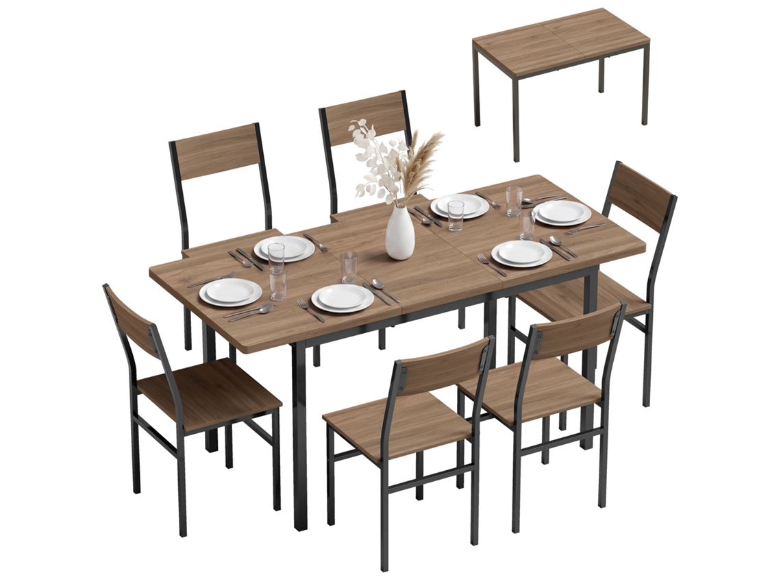 Extendable Dining Table Set (120-160 Cm) And 6 Stackable Chairs For 4-6 People, Brown Wood Effect