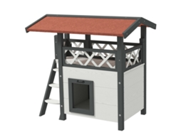 77x50x73cm. Casa De Gato Externa Com E Escada De Madeira. Branco E Cinza