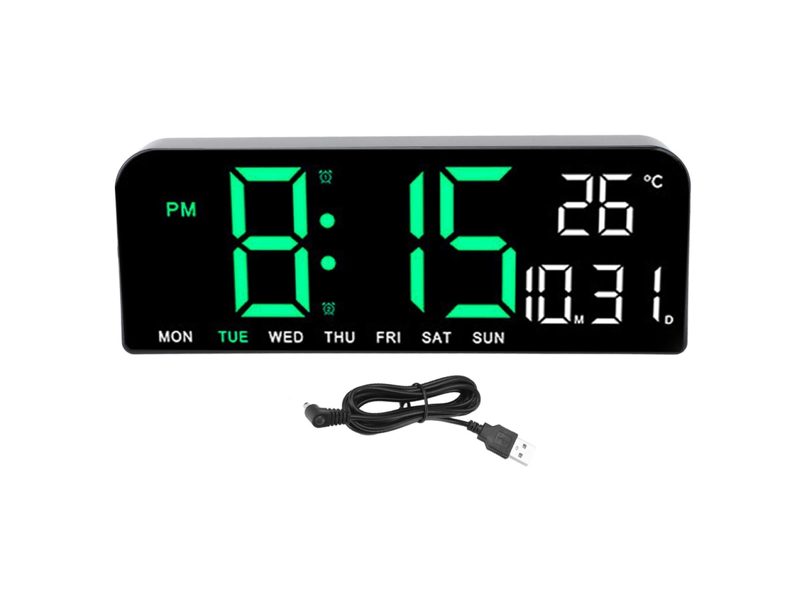 Despertador digital LED grande Baok com temperatura, data, dia da semana, brilho ajustável, formato 12/24h para casa, quarto, escritório, verde.
