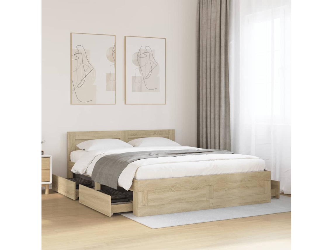 Vidaxl Estrutura Cama C/ Cabeceira Derivados Madeira Carvalho Sonoma