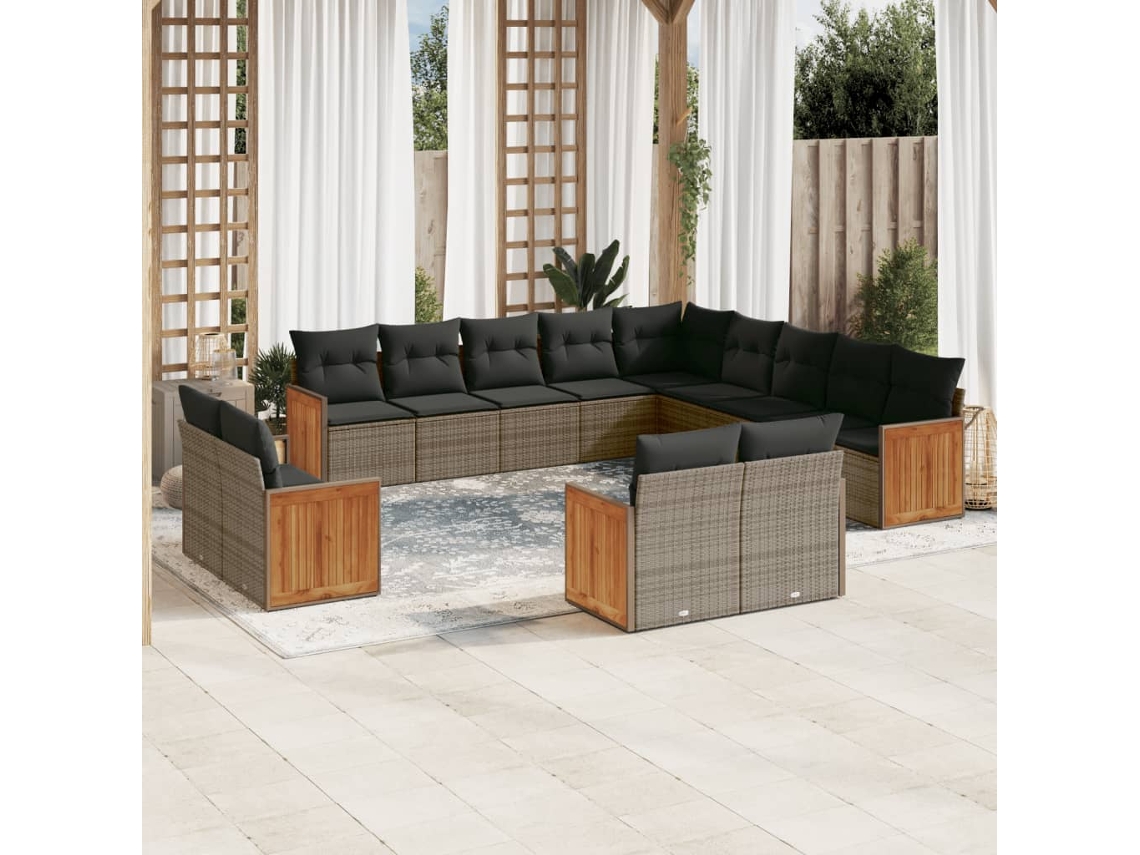 Jogo 13 Peças Sofás P/ Jardim C/ Almofadões Vime Pe Cinza Dkd Home Decor