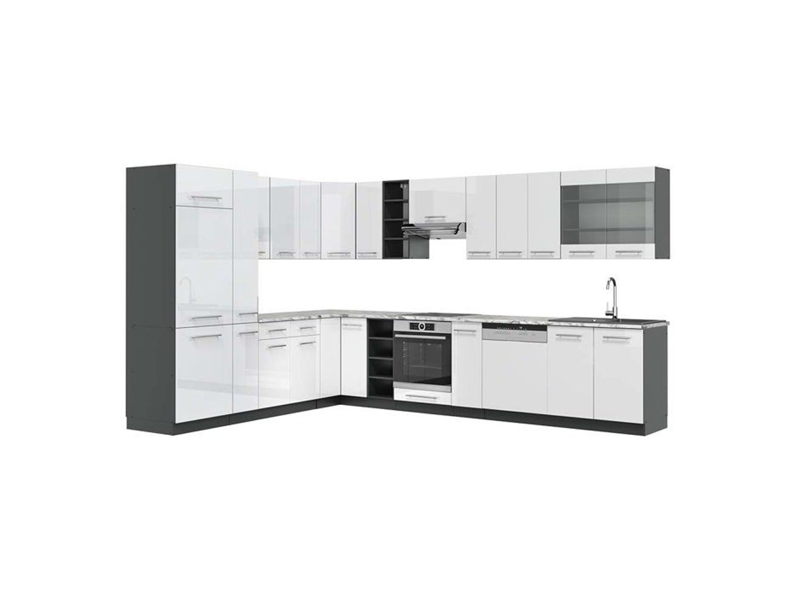 Cozinha de canto Fame-Line, 347 x 257 cm, Mármore PT, Branco brilhante/Antracite VICCO