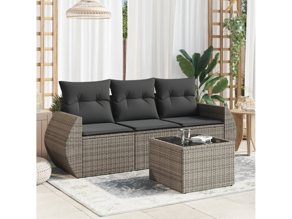Vidaxl 4 Pcs Conjunto Sofás De Jardim C/ Almofadões Vime Pe Cinzento