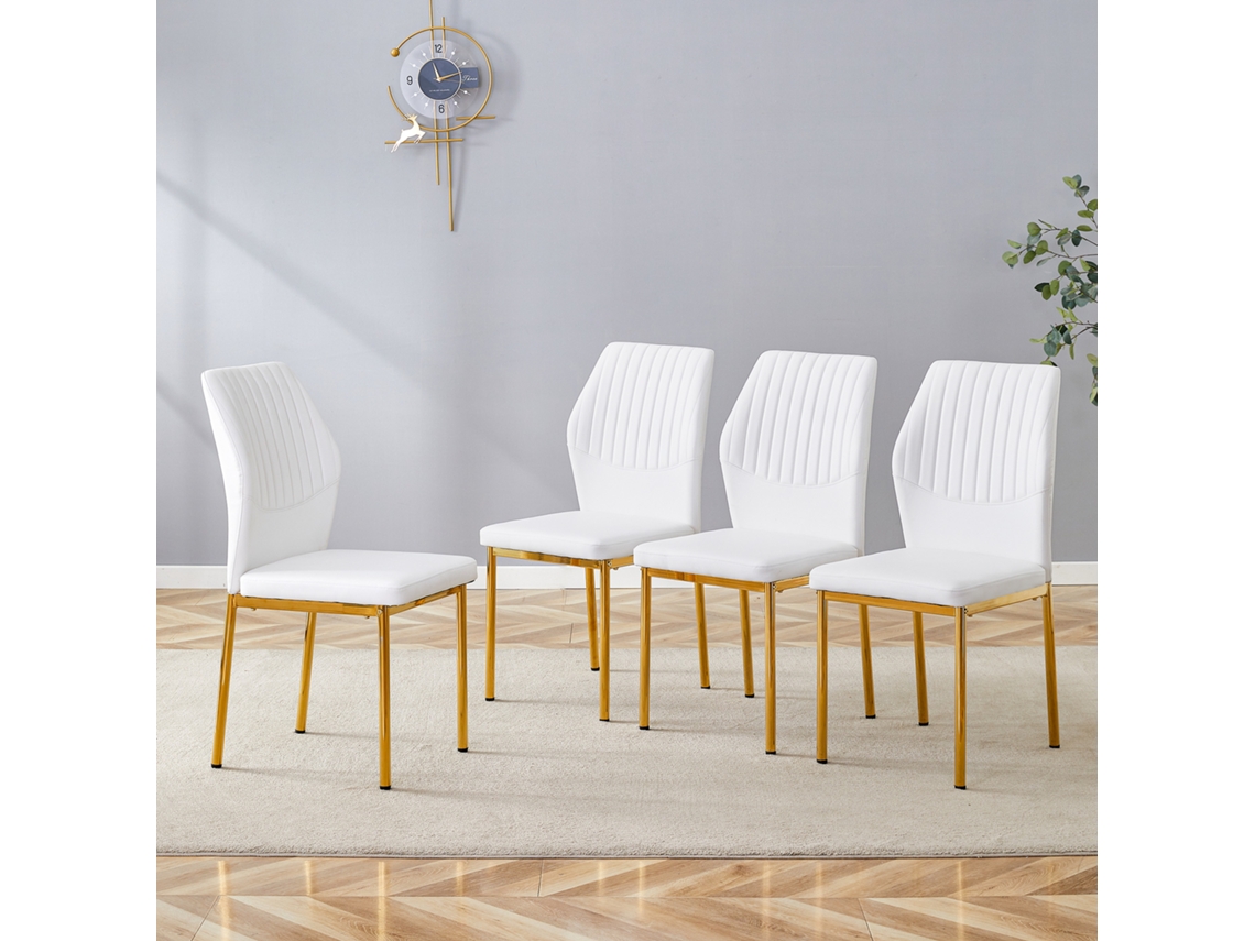 Conjunto 4 Cadeiras Jantar Pu Branco Relevo Vertical Pés Dourado