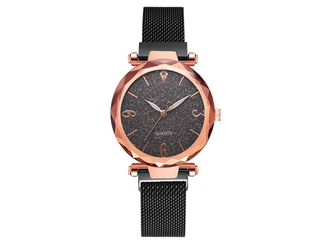 Relógio de Pulso Feminino de Quartzo com Fecho Magnético e Pulseira de Liga (preto)