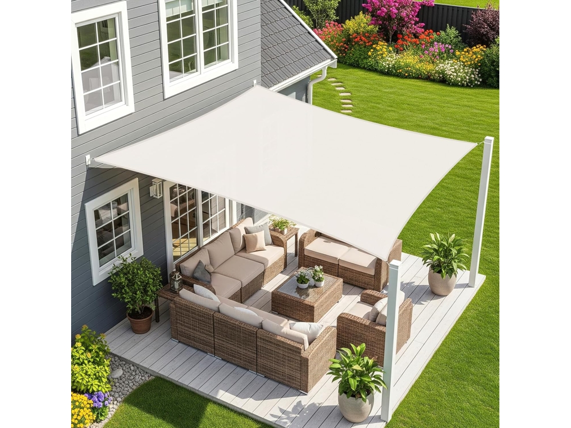 Para-sol Estilo Vela Tecido Retangular De 3x4m Com Proteção Uv, Ideal Para Uso Exterior, Pérgulas, Jardins E Varandas Branco-sujo