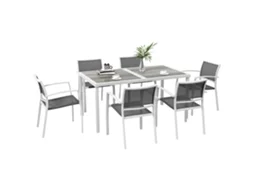 Conjunto De Jantar Para Jardim Com 7 Peças, Incluindo 1 Mesa E 6 Cadeiras Empilháveis, Estilo Moderno Para Pátio E Terraço, Branco E Cinza.