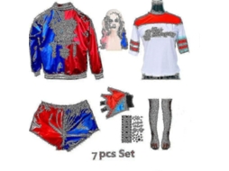 Traje De Harley Quinn Suicide Squad Para Mulheres - Conjunto Com Camiseta, Calça E Jaqueta De Poliéster Conjunto De Perucas Com 7 Peças