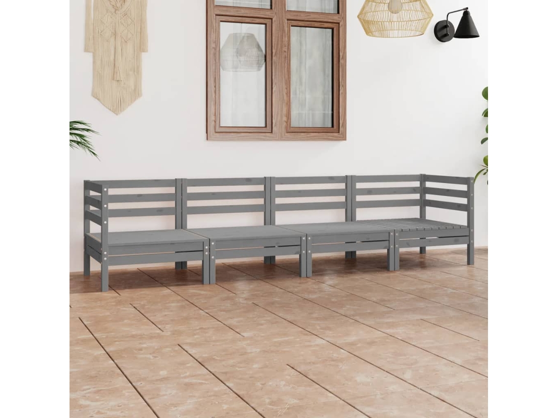 Conjunto 4 Peças Lounge De Jardim Pinho Maciço Cinzento Dkd Home Decor