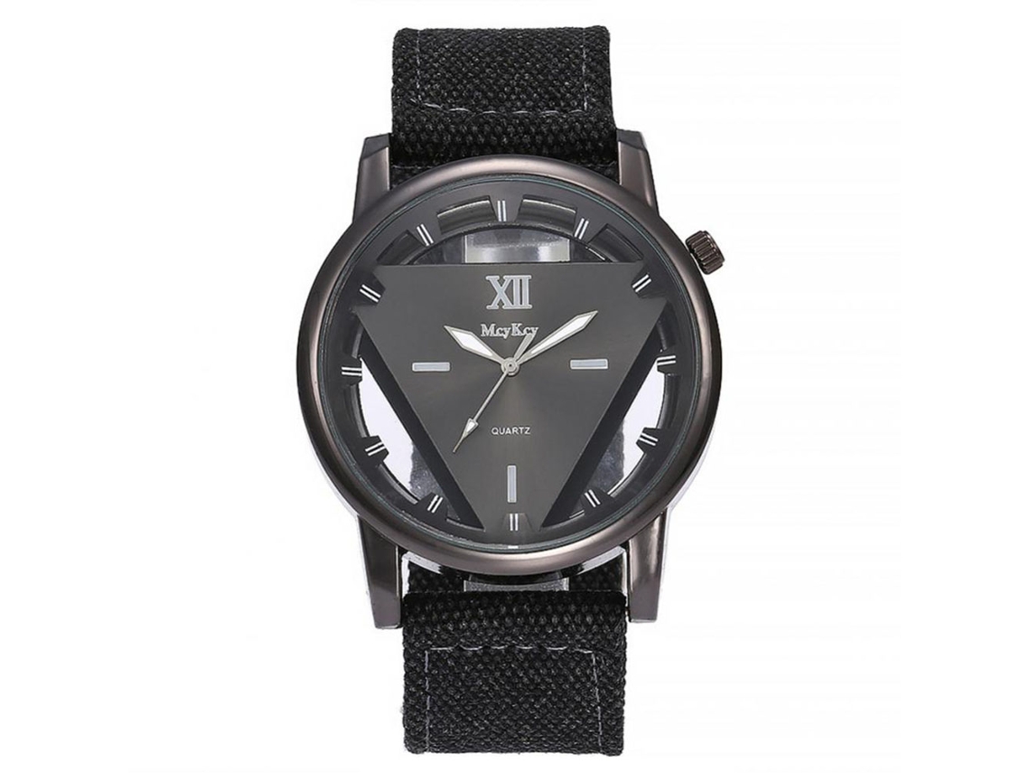 Relógio de quartzo com pulseira de nylon e numerais romanos, mostrador preto, liga de aço.