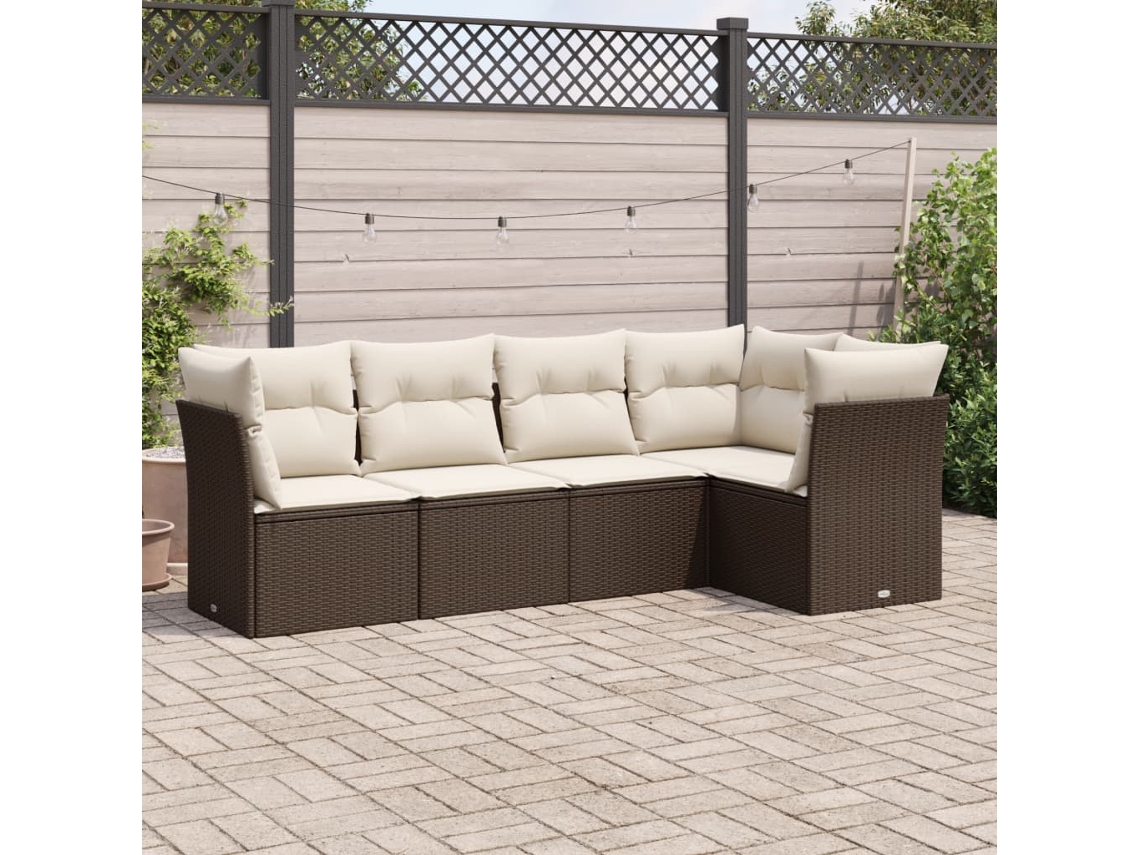 Jogo 5 Peças Sofás P/ Jardim C/ Almofadões Vime Pe Marrom Dkd Home Decor