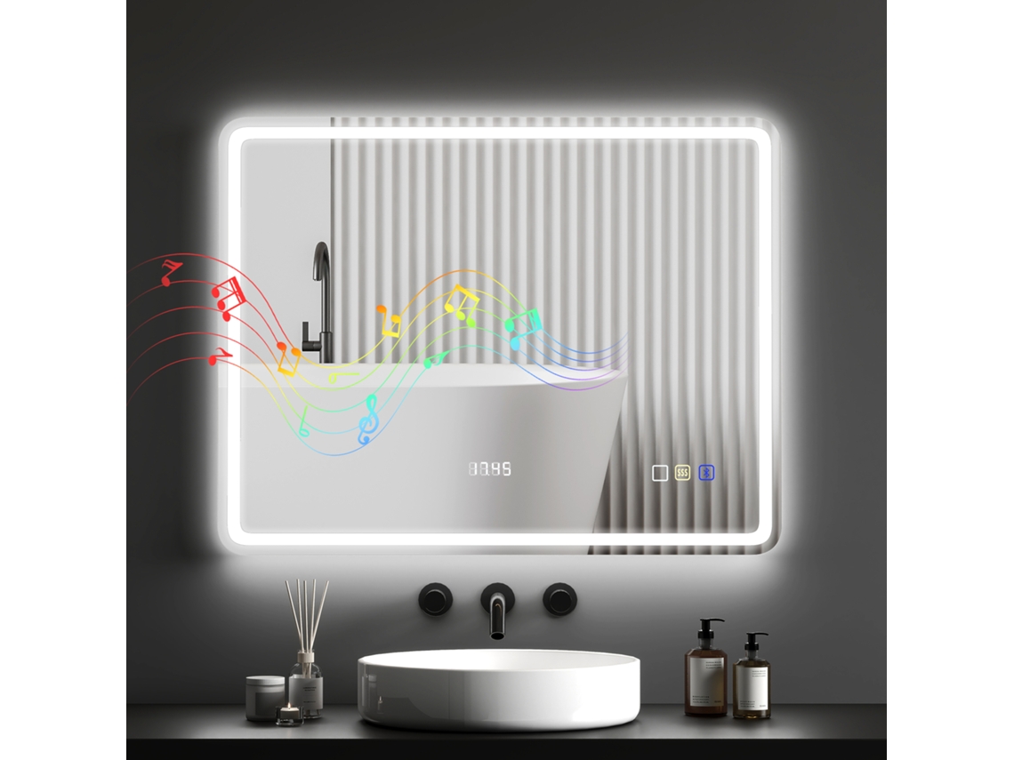 Espelho De Banheiro Com Iluminação Led, Revestimento Antiembaçante, 3 Cores Ajustáveis, Relógio, 700 X 900 Mm, Cor Prata. Btforus