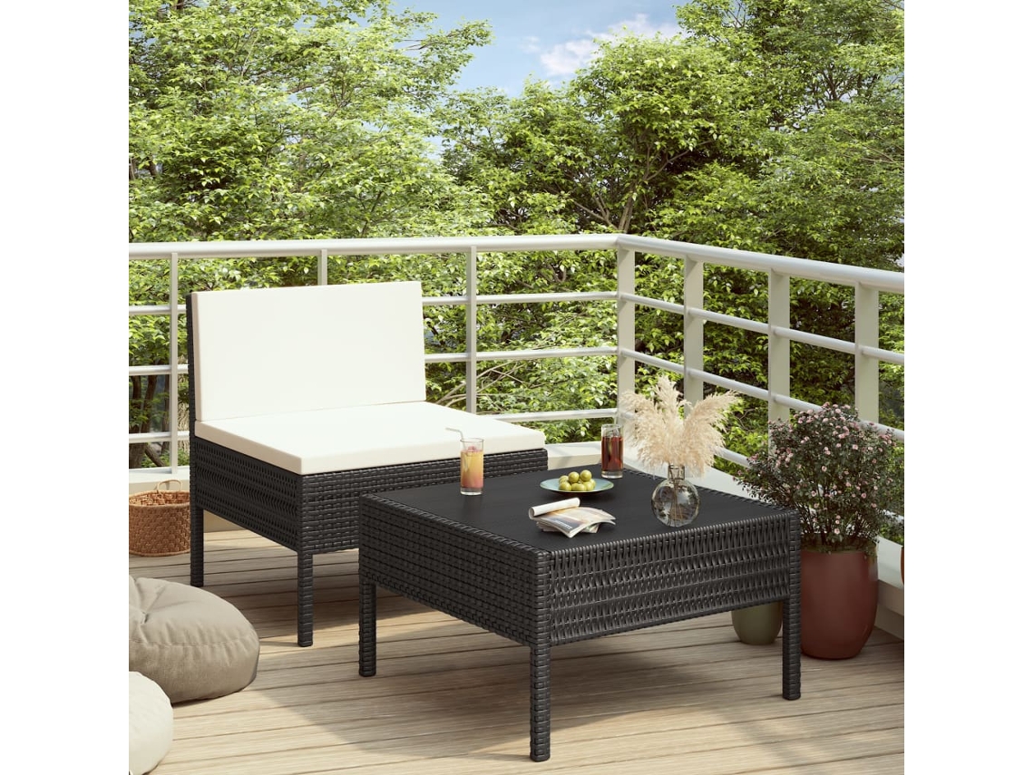 Vidaxl 2 Pcs Conjunto Lounge De Jardim C/ Almofadões Vime Pe Preto
