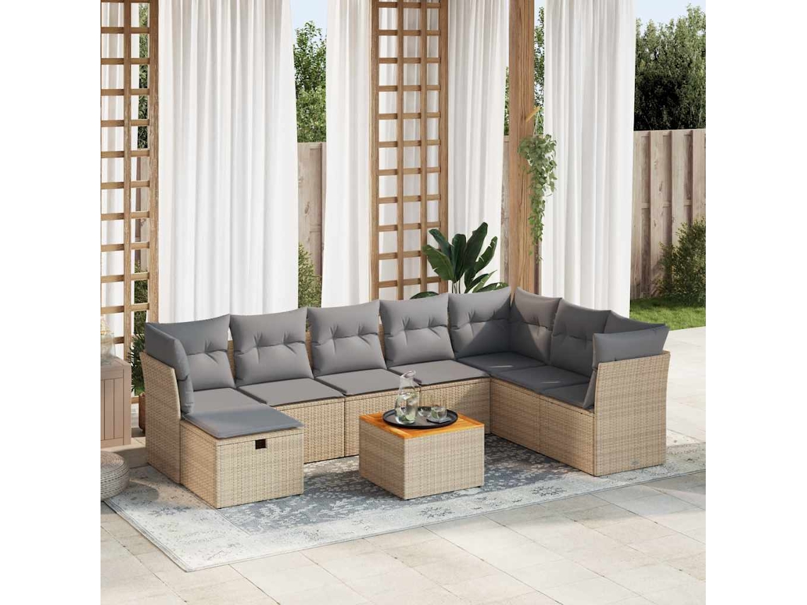 Vidaxl 9 Pcs Conjunto De Sofás P/ Jardim Com Almofadões Vime Pe Bege