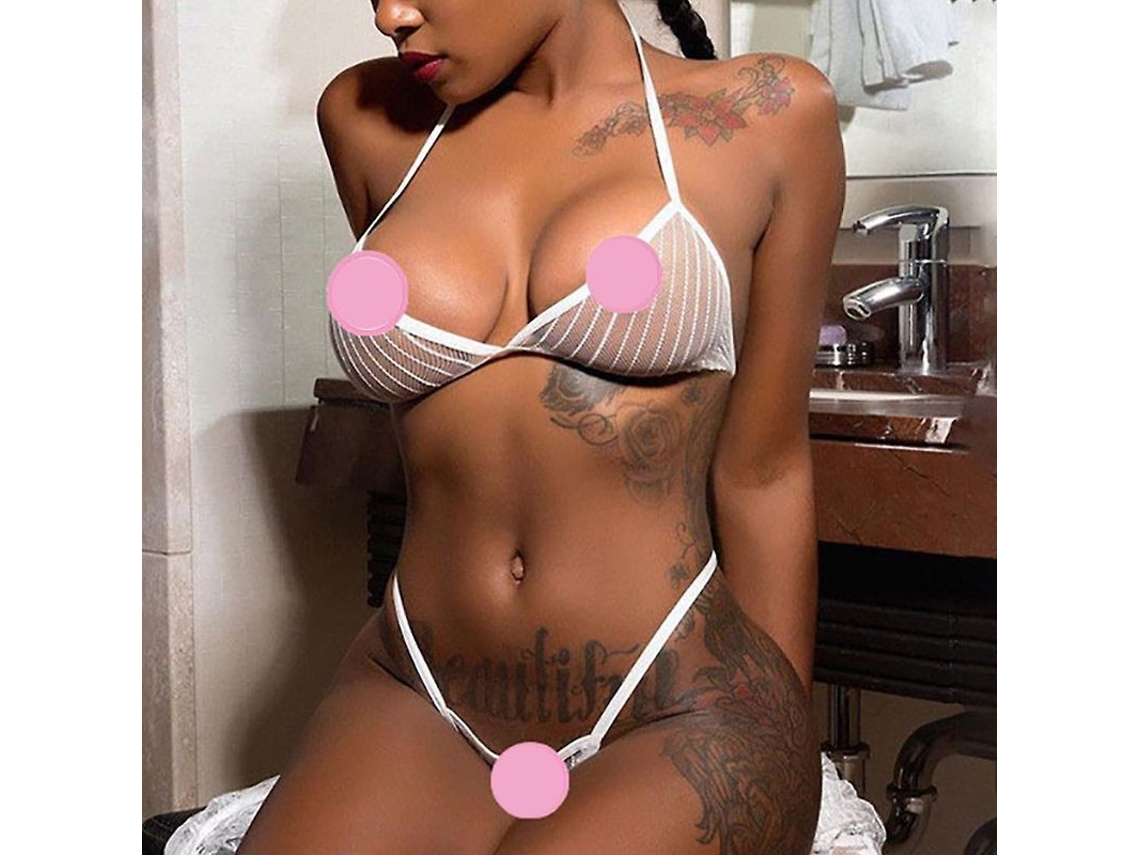 Lingerie Sexy Transparente Feminina Conjunto de Sutiã e Calcinha G string Noturno Encantador Branco