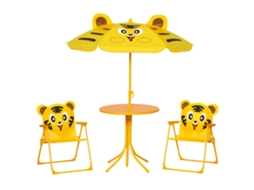 Conjunto Externo para Crianças 4 Peças com 2 Cadeiras. Guarda chuva e Mesa Redonda. em Tecido Oxford de Aço e Amarelo Ge