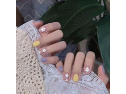 Dicas de Unhas Falsas Artificiais Curtas com Flores Azul e Amarelo para Diy Manicure