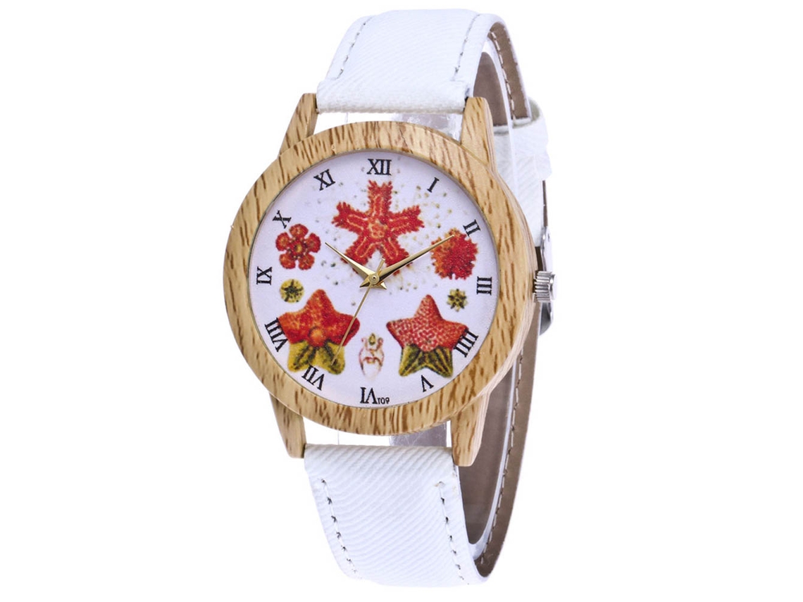 Relógio de pulso casual de quartzo para casal com pulseira simples de jeans e estampa branca.