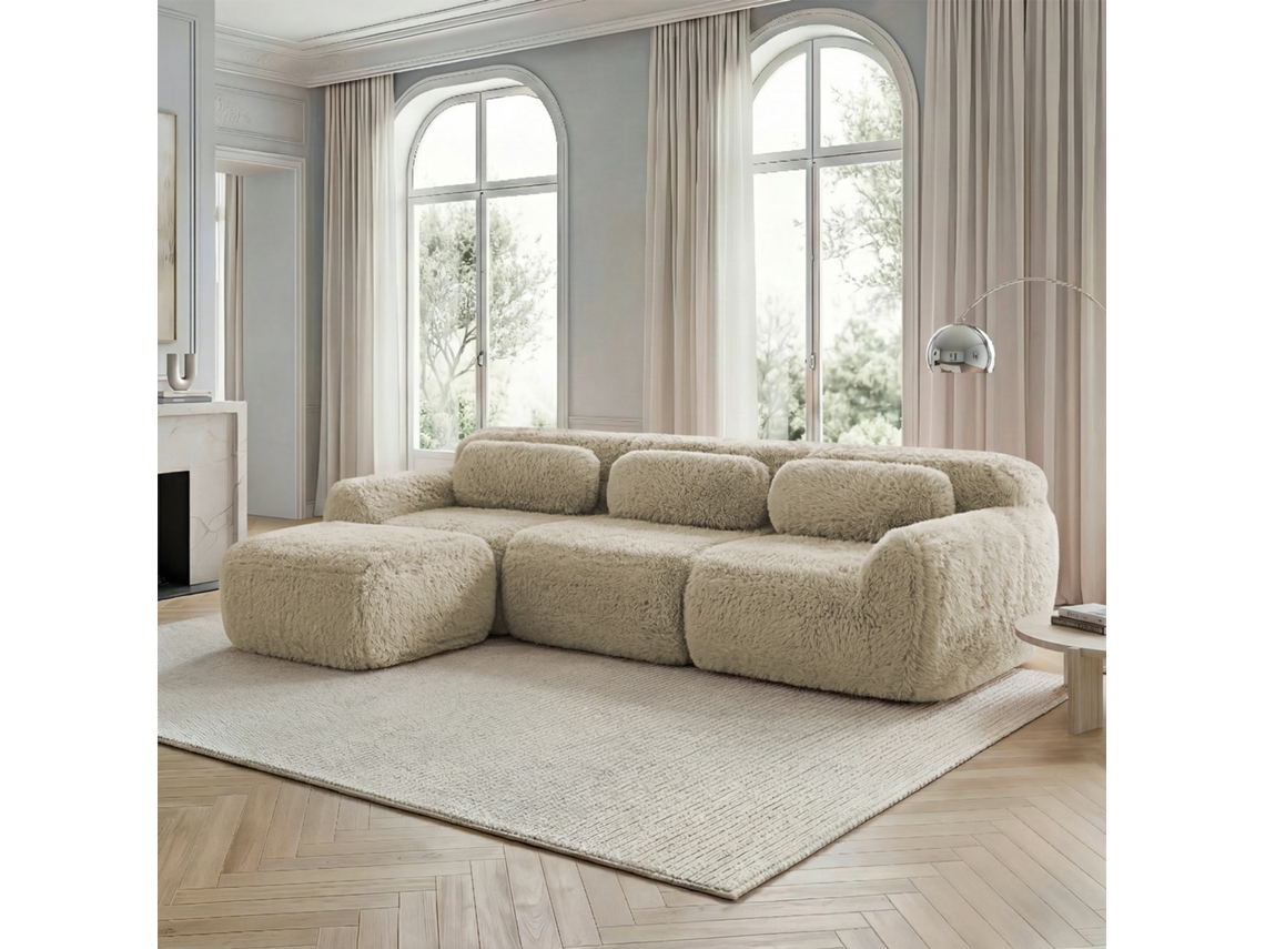 Sofá Modular L - Plüsch, Sem Montagem, Almofadas, Antiderrapante, Confortável - Bege Claro
