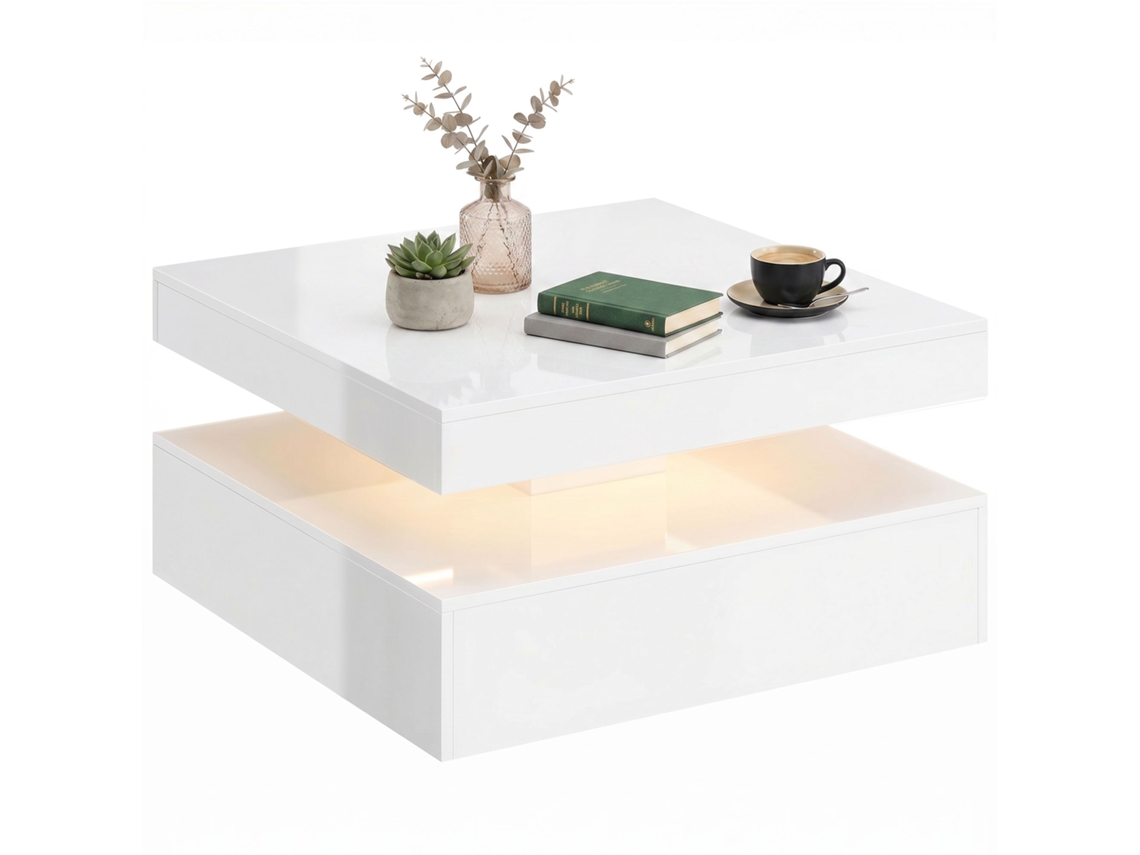 Mesa De Centro Led De 2 Níveis Com Prateleira Aberta E Comando À Distância, Acabamento Branco Brilhante