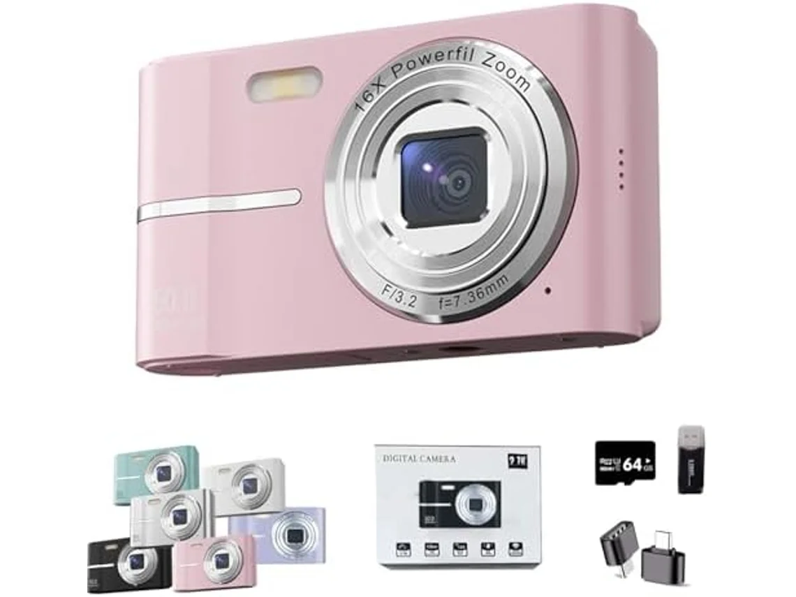 Câmera Digital 4k, Tela Lcd De 2,4 Polegadas, Zoom De 16x, Mini Câmera Compacta, Inclui Cartão De Memória De 64 Gb, Rosa, Tommy01