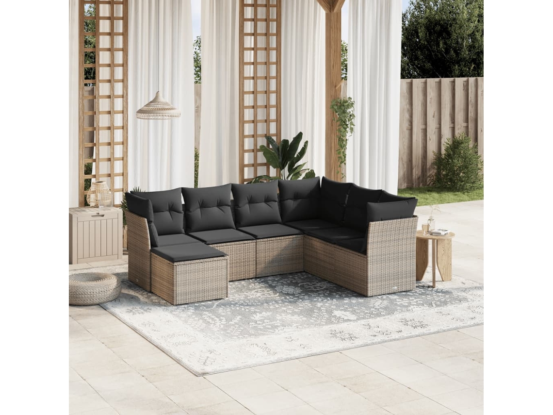 Vidaxl 7 Pcs Conjunto Sofás P/ Jardim C/ Almofadões Vime Pe Cinzento