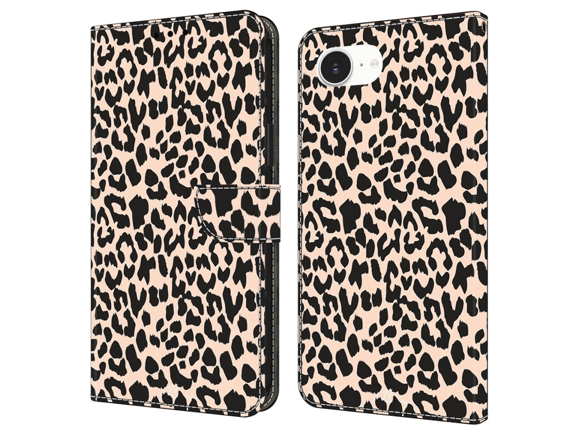 Capa Para Iphone 16e Com Compartimento Para Cartão, Estampa De Leopardo, Flexível E Feita Em Couro Pu