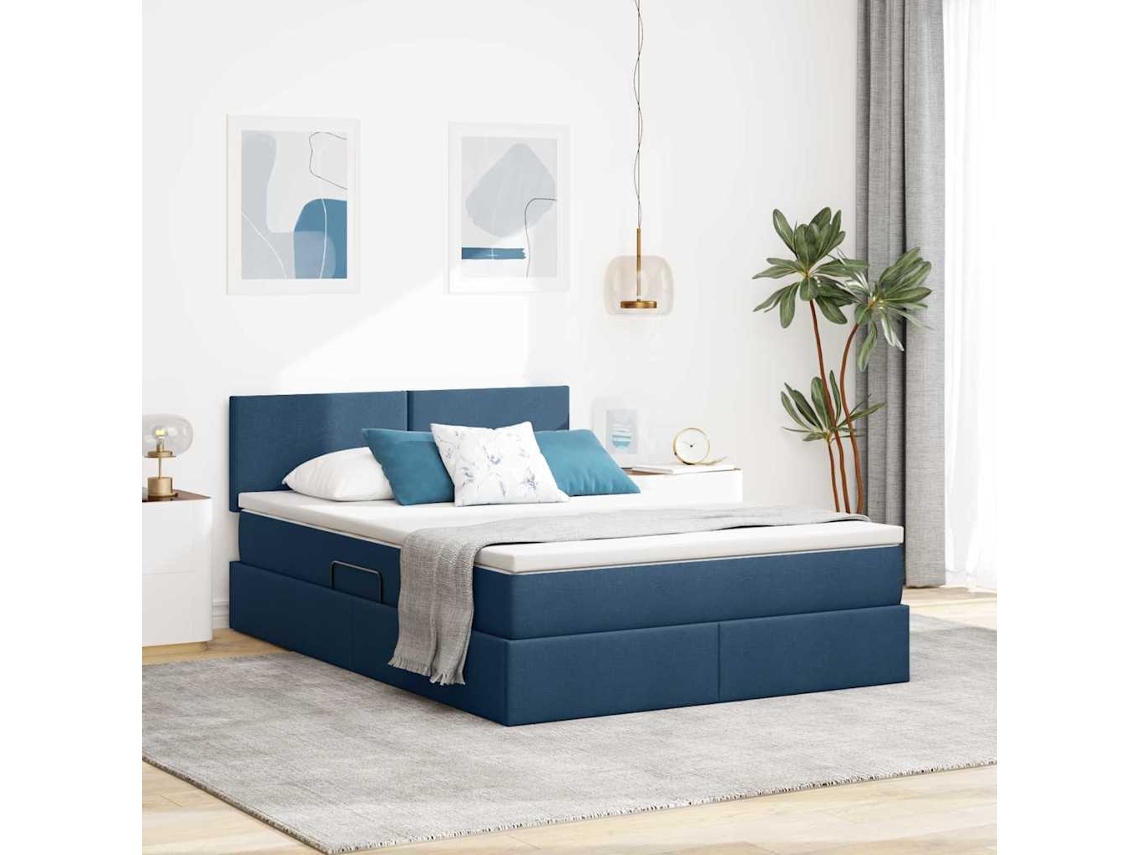 Vidaxl Cama De Armazenamento Led Com Colchão Azul 140 X 200 Cm Tecido