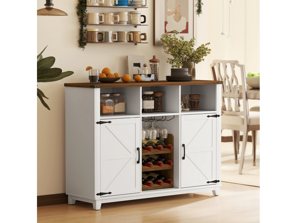 Móvel Auxiliar Rústico Branco 120x37x88 Cm Para Sala De Jantar E Estar, Com Aparador De Cozinha E Prateleiras Ajustáveis.
